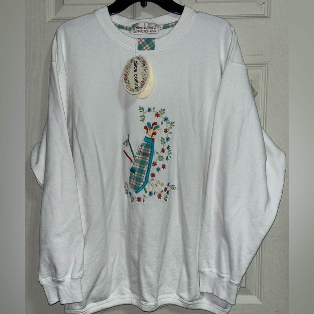 Vintage Alice collins Summer Golf Sweatshirt Womens Large Embroidered White NWT